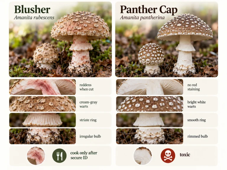 Blusher vs Panther Cap: Amanita rubescens vs Amanita pantherina