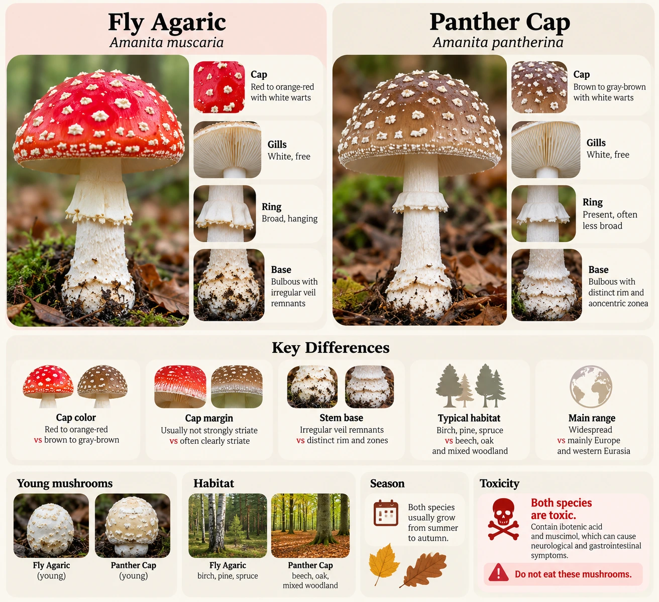 Fly Agaric vs Panther Cap: Amanita muscaria vs Amanita pantherina
