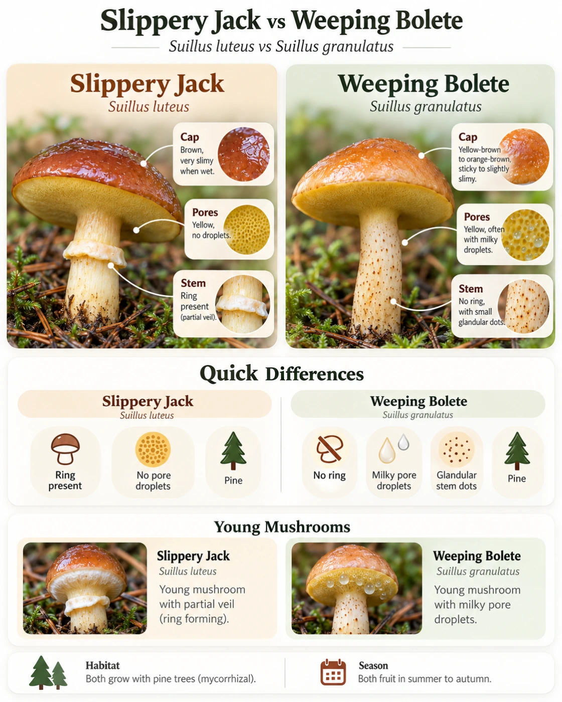 Slippery Jack vs Weeping Bolete: Suillus luteus vs Suillus granulatus
